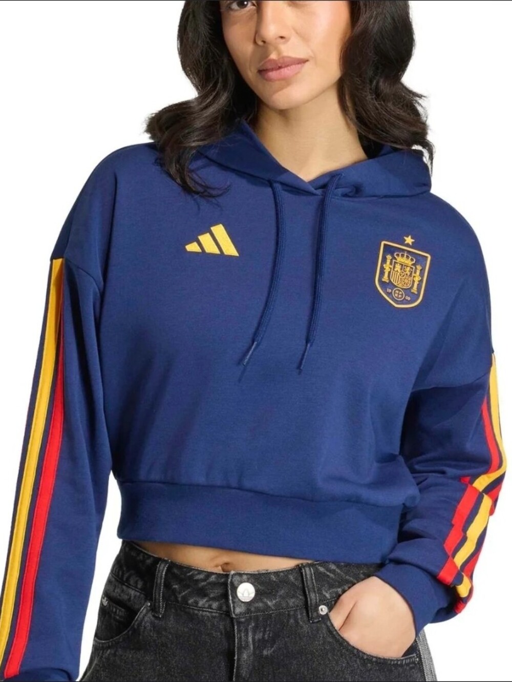 New Adidas Spain FEF Women's Dark Blue Cropped Hoodie, Size M, Soccer / Fútbol
